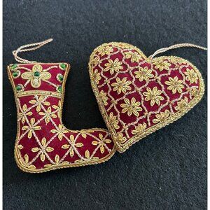 Handcrafted Velvet Stocking & Heart Shaped Christmas Ornaments  Gold Embroidery